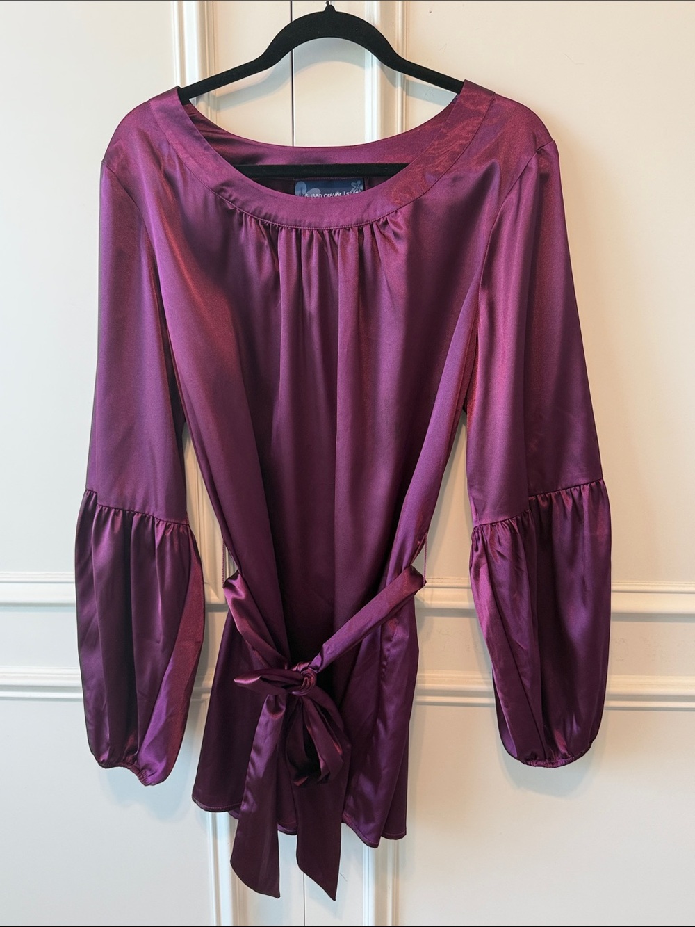 Susan Graver Satin Tie-Front Blouse in Plum